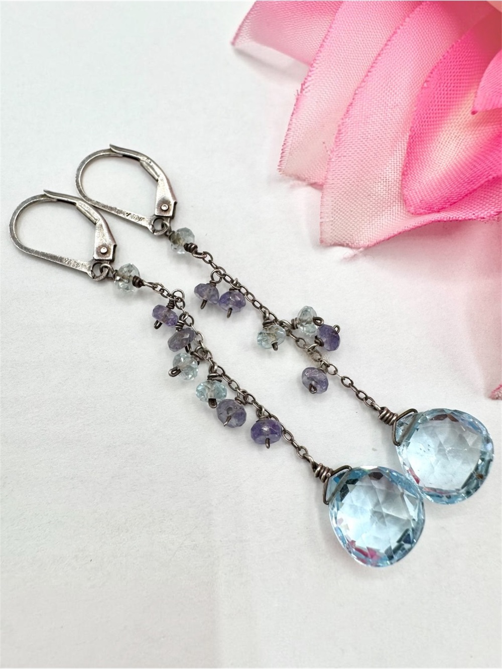 Topaz Briolette Earrings 925 Sterling Silver Crystal Cha Cha Cascade Long